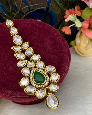 Pretty Golden Color Maang Tikka with Beautiful Green and White Color Pearls for Special Occasion