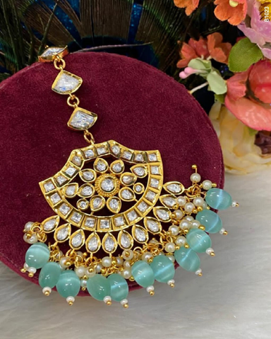 Charming Golden Color Maang Tikka with Beautiful Light Green Color Pearls for Special Occasion