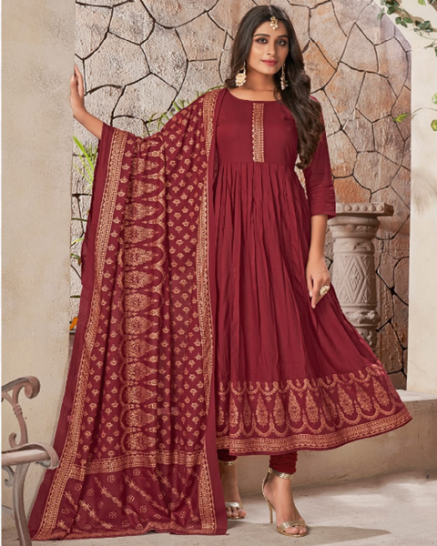 Beautiful Maroon Color Heavy Rayon with Gold Foil Print Kurti, Salwar and Dupatta for Special Occasion