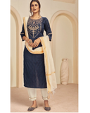 Beautiful Blue Color Cotton Jacquard Suit, Slub Cotton Salwar and Chanderi Viscose Dupatta with Heavy Embroidery Work for Special Occasion