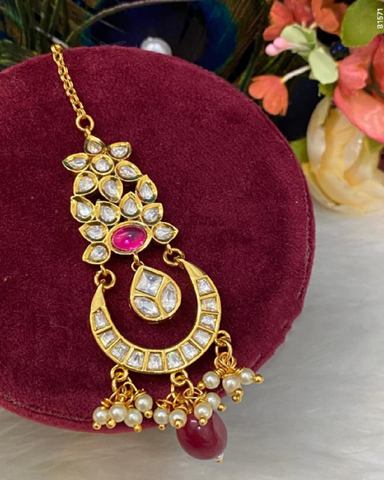 Gorgeous Golden Color Maang Tikka with Charming  White and Pink Color Pearls for Special Occasion