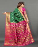 Attractive Pink and Green Color Banarasi Silk Saree with Gold Zari Weaving Chit Pallu and Zari Weaving Border for Special Occasion