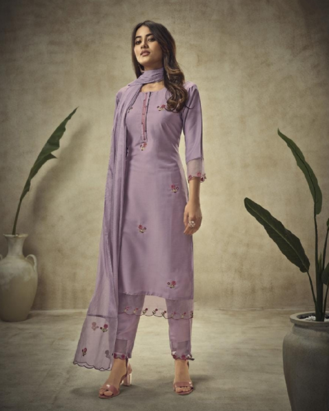 Lovely Purple Color Chinon Kurti and Pant with Organza Kota Doria Dupatta for Special Occasion