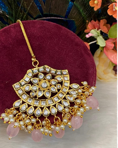 Beautiful Golden Color Maang Tikka with Charming Light Pink Color Pearls for Special Occasion