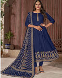 Charming Blue Color Heavy Rayon with Gold Foil Print Kurti, Salwar and Dupatta for Special Occasion