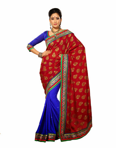 Classic Designer Red/Blue Color Saree