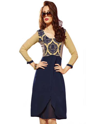 Stylish Dk.Blue Full Embroided Neck Tunic