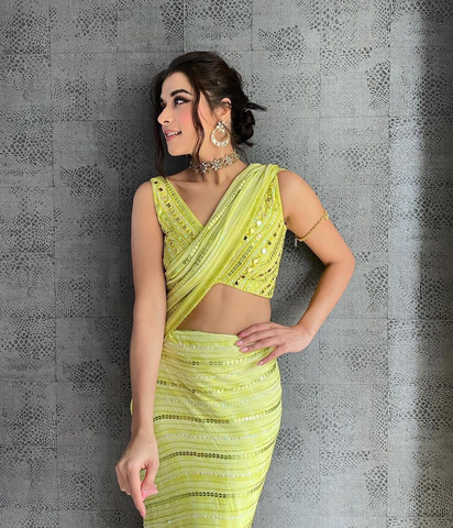 Charming Yellow Color Ruffle Designer Fox Georgette Saree with Mirror Work for Special Occasion