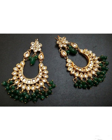 Simple Kundan Earrings With Dark Green Bead Drops