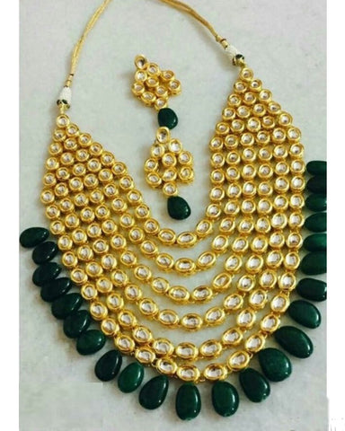 Royal Look Multilayered Kundan Necklace With Green Drops