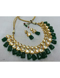 Layered Kundan Necklace Set With Irregular Shape Green D'rops