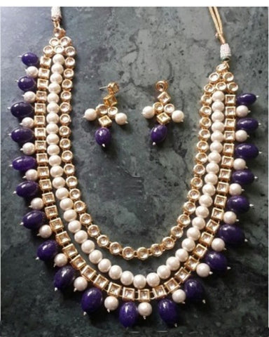 Kundan Purple Bead and Pearl Drops Necklace Set