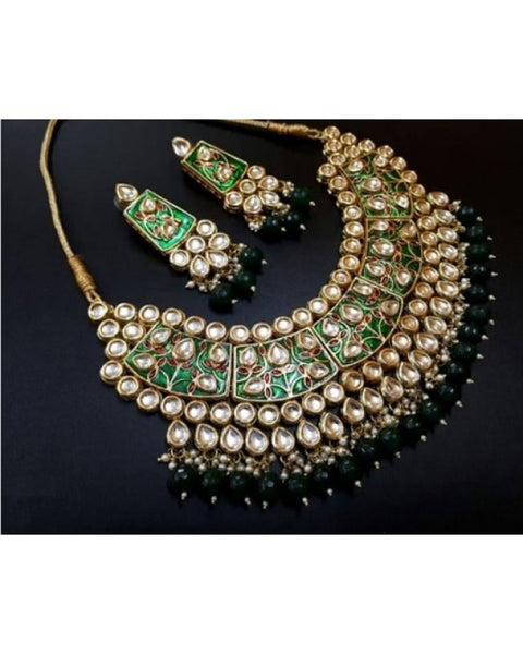 Green Meenakari Artificial Kundan Semi Bridal Necklace Set