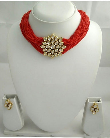 Red Beads Floral Vilandi Kundan Choker Necklace Set