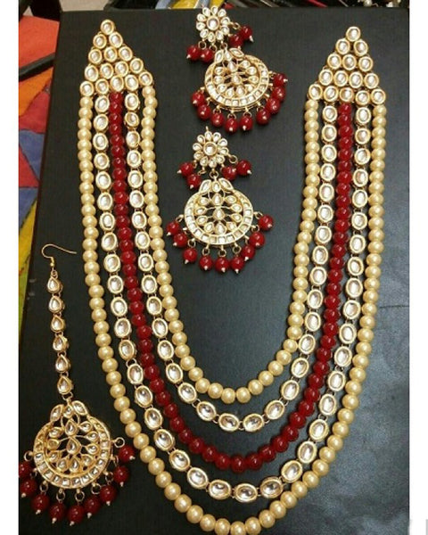Artificial Kundan Layered Necklace, Earrings And Tikka Set (maroon)