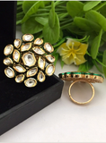 Gorgeous Golden Color Kundan Ring with Beautiful Green Color Pearl for Special Occasion