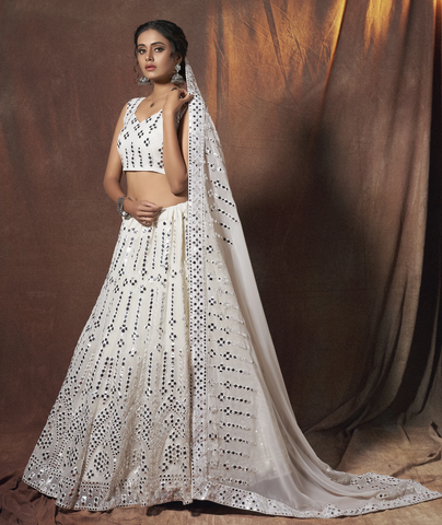 Beautiful White Color Navratri Special Designer Lehenga Choli with Mirror Work