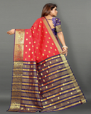 Pretty Red and Blue Color Banarasi Silk Saree with Gold Zari Weaving Chit Pallu and Zari Weaving Border for Special Occasion
