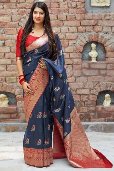 Beautiful Prussian Blue Banarasi Silk Traditional Saree with Red Border and Pallu