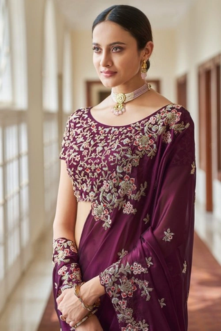 Beautiful Wine Purple Color Crepe Embroidered Saree