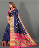Stunning Blue and Pink Color Banarasi Silk Saree with Gold Zari Weaving Chit Pallu and Zari Weaving Border for Special Occasion