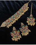 Lovely Golden Color Necklace, Earrings and Matha Tikka with Charming Multi Color Pearls for Special Occasion