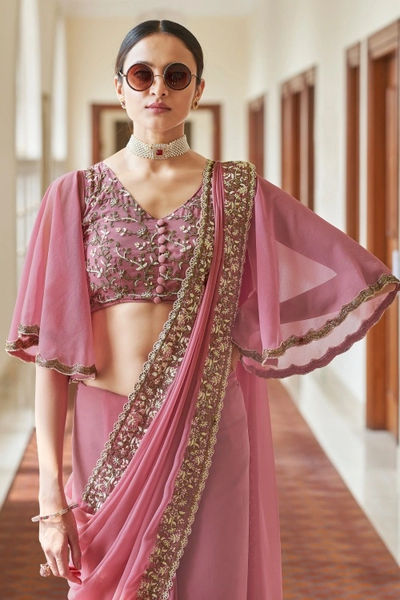 Beautiful Pink Color Georgette Saree with Bell Sleeved Blouse