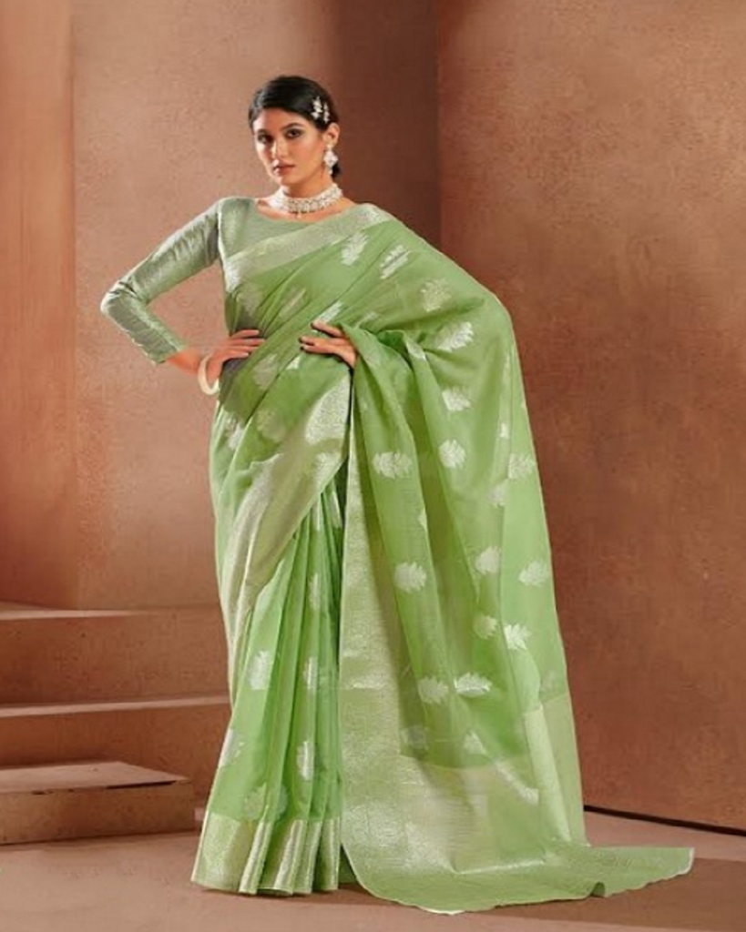 Pista Green Saree in Linen Silver Zari - Clothsvilla