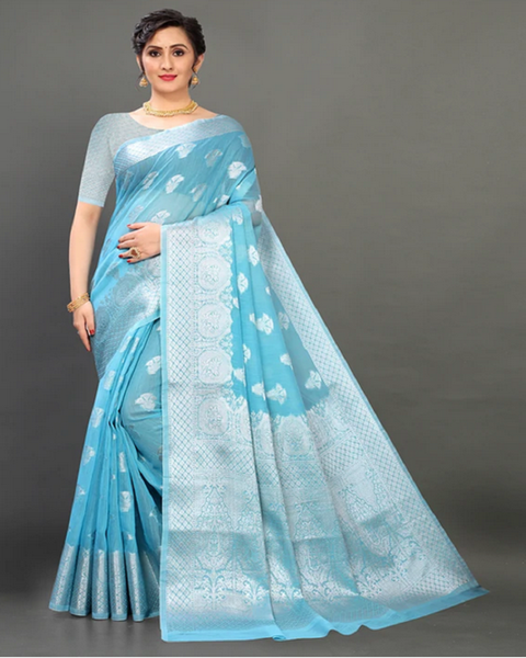 Gorgeous Sky Blue Color Banarasi Silk Saree with Beautiful Silver Zari Weaving for Special Occasion