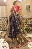 Beautiful Navy Blue Banarasi Silk Floral Jaal Woven Saree with Elephant Motifs Border and Double Blouse